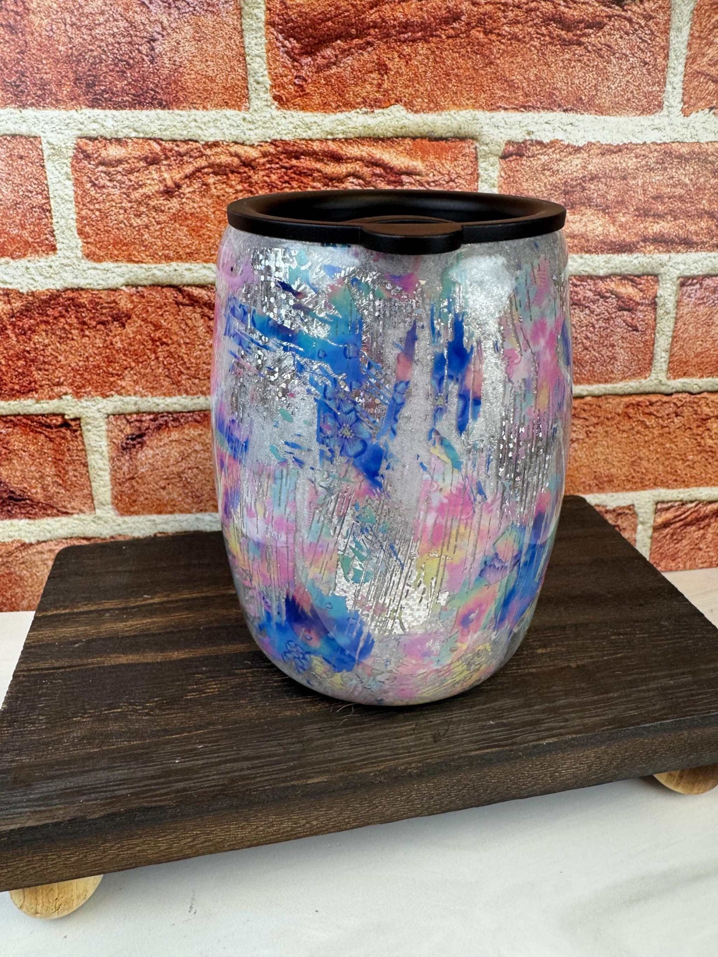 Silver Coffee Mug - 14oz Insulated Tumbler with Pink & Blue Accents