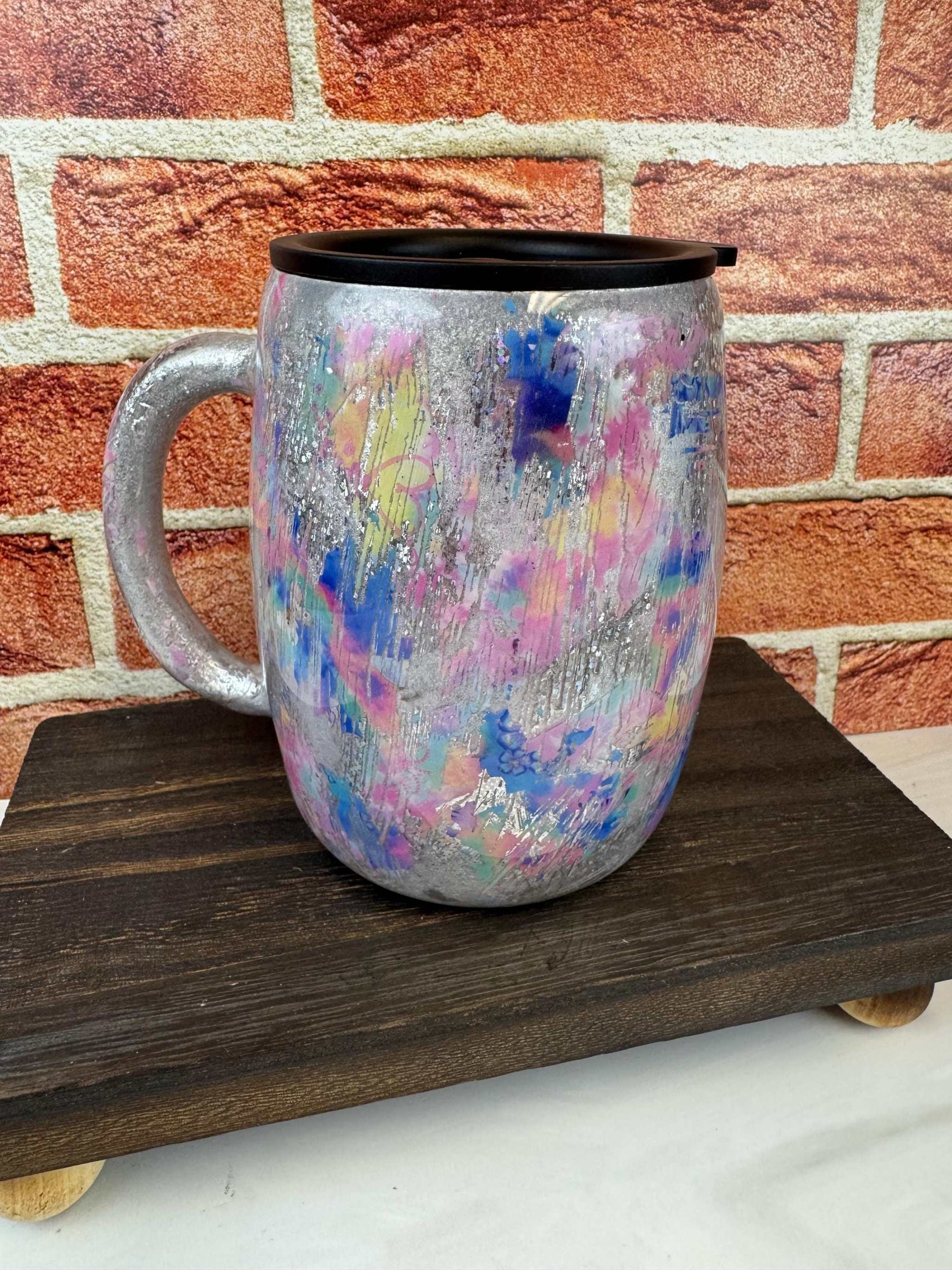 Silver Coffee Mug - 14oz Insulated Tumbler with Pink & Blue Accents