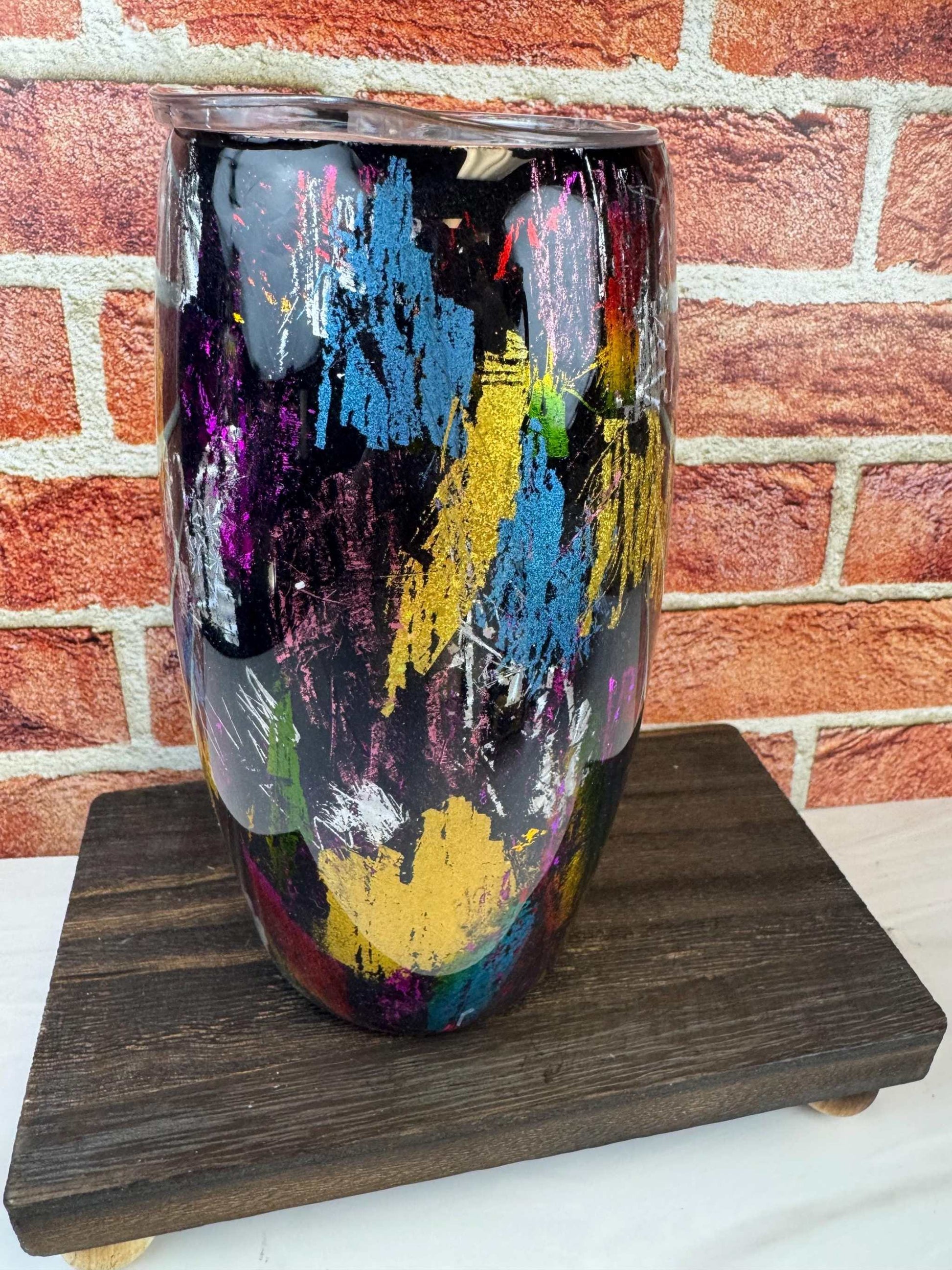 Black Tumbler with Multi-Color Design - Double-Wall Insulated Cup