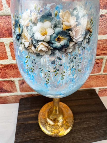 Floral Wine Glass: Elegant Handcrafted Blue & Gold Barware
