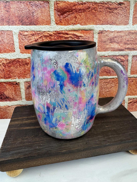 Silver Coffee Mug - 14oz Insulated Tumbler with Pink & Blue Accents