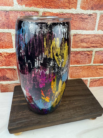 Black Tumbler with Multi-Color Design - Double-Wall Insulated Cup