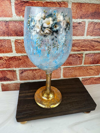 Floral Wine Glass: Elegant Handcrafted Blue & Gold Barware