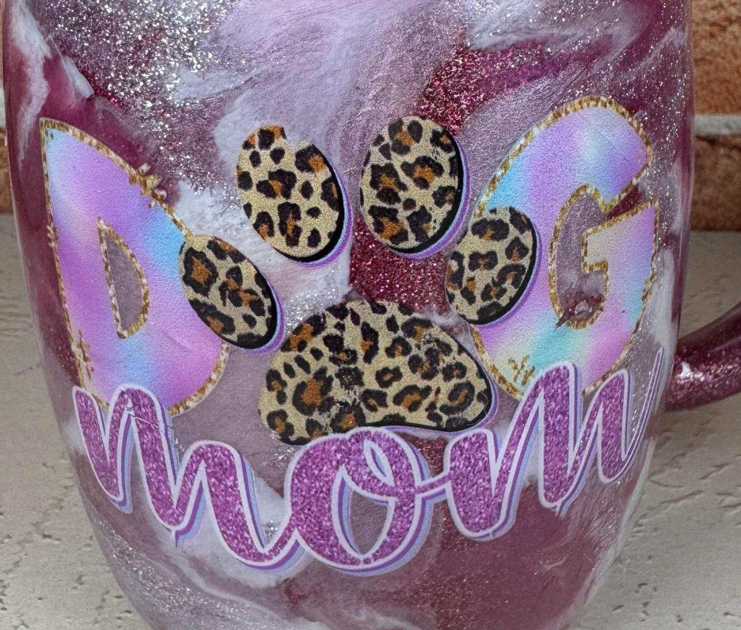 Dog Mom Coffee Mug with leopard print paw design on stainless steel purple glitter background
