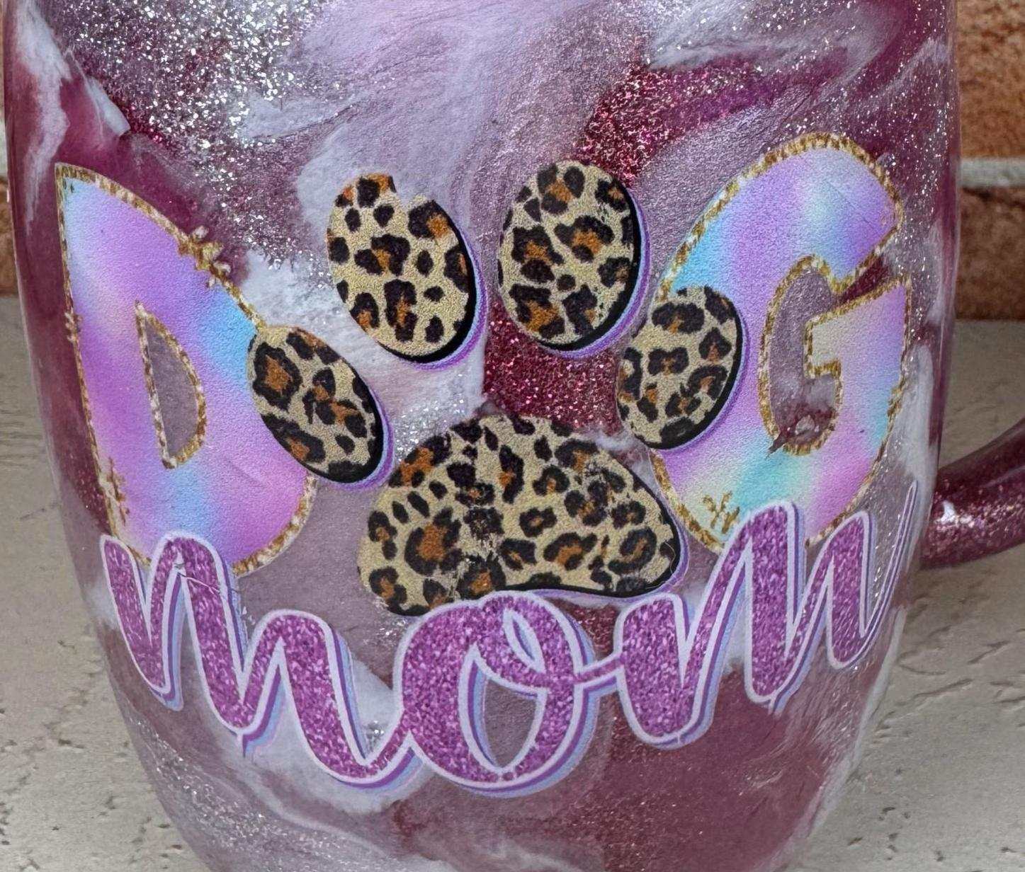Dog Mom Coffee Mug with leopard print paw design on stainless steel purple glitter background