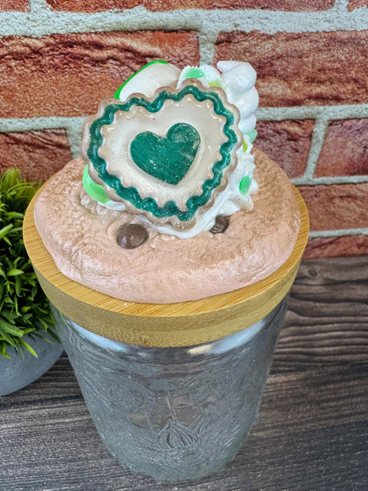 Faux chocolate chip cookie sweets jar with decorative heart lid for kitchen decor