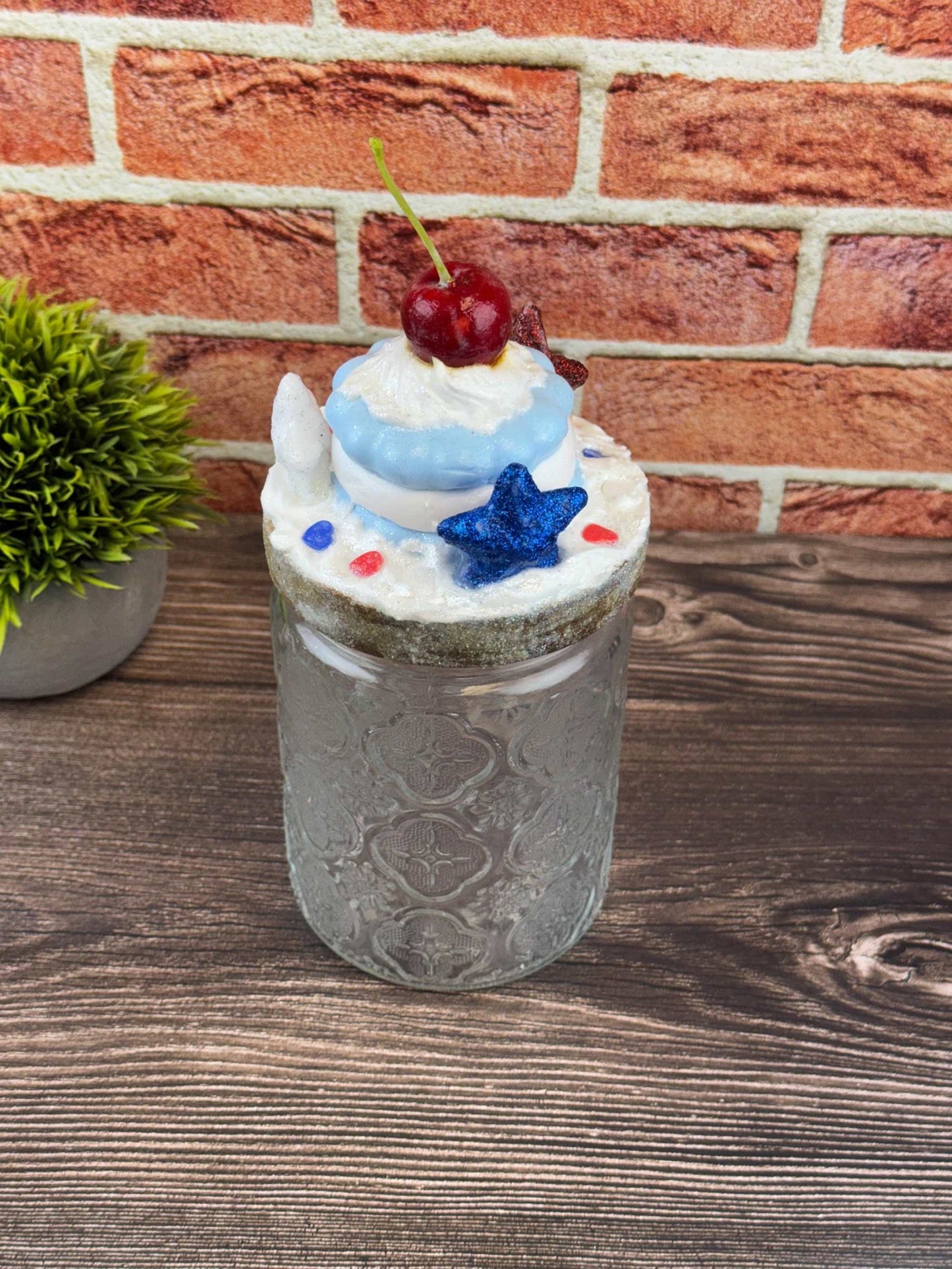 Patriotic Treat Jar - Red, White, and Blue with Macaron -Cherry Design