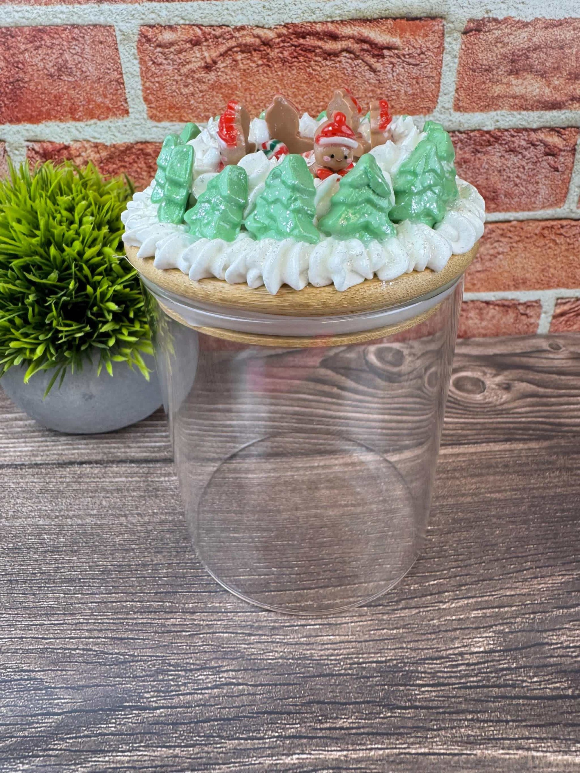 Christmas jar decor with gingerbread and Christmas tree accents on tiered tray jar lid