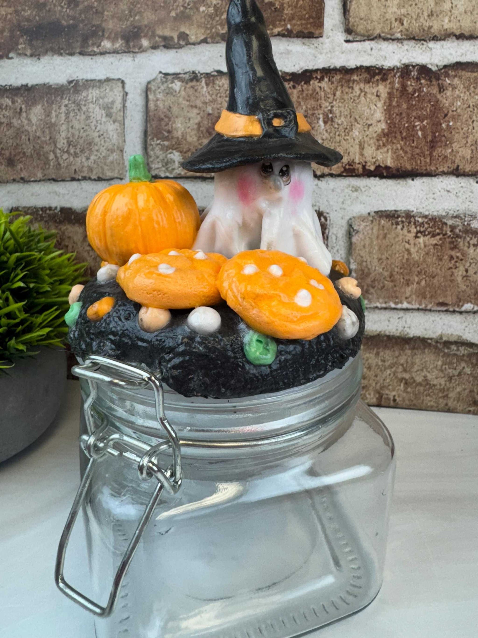 Halloween candy jar - Ghost Witch Treat Jar with Pumpkin & Cookies 
