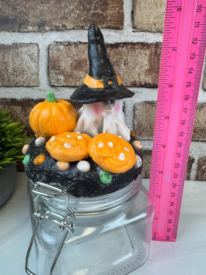 Halloween candy jar - Ghost Witch Treat Jar with Pumpkin & Cookies 