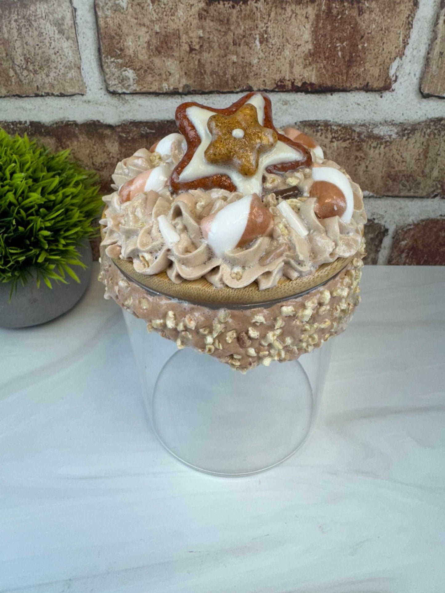 Sweet Treat Jar with faux whipped topping, fake nuts, and cookie decorations on clear container