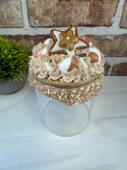 Sweet Treat Jar with faux whipped topping, fake nuts, and cookie decorations on clear container