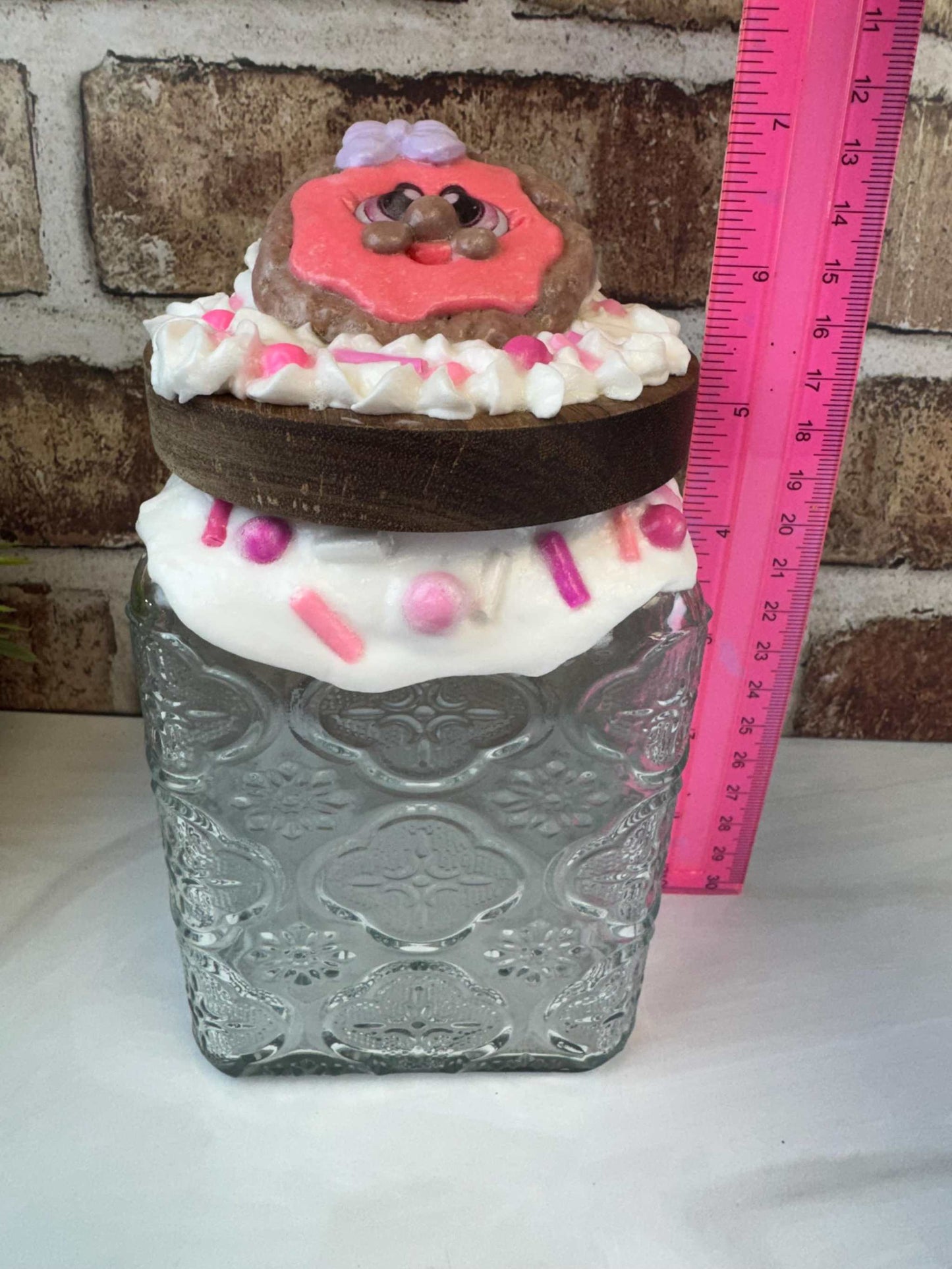 Glass faux cookie treat jar with hand-painted cookie lid and colorful sprinkles kitchen decor