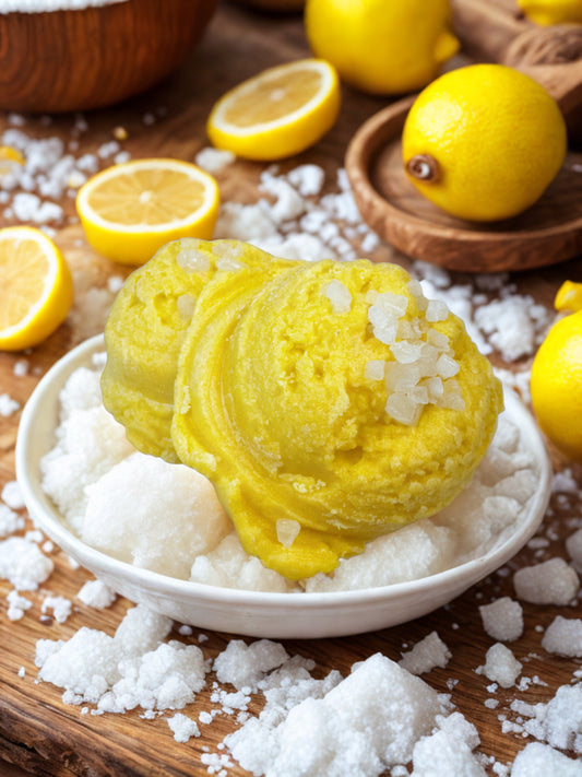 Yellow lemon-shaped bath bombs with sea salt on a wooden surface with lemons.