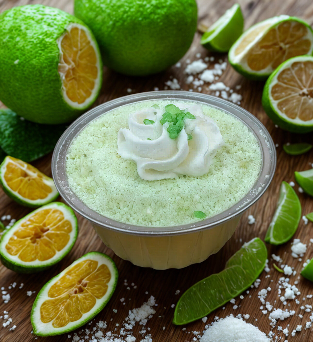 Green bath bomb with whipped cream surrounded by lime slices on a wooden surface