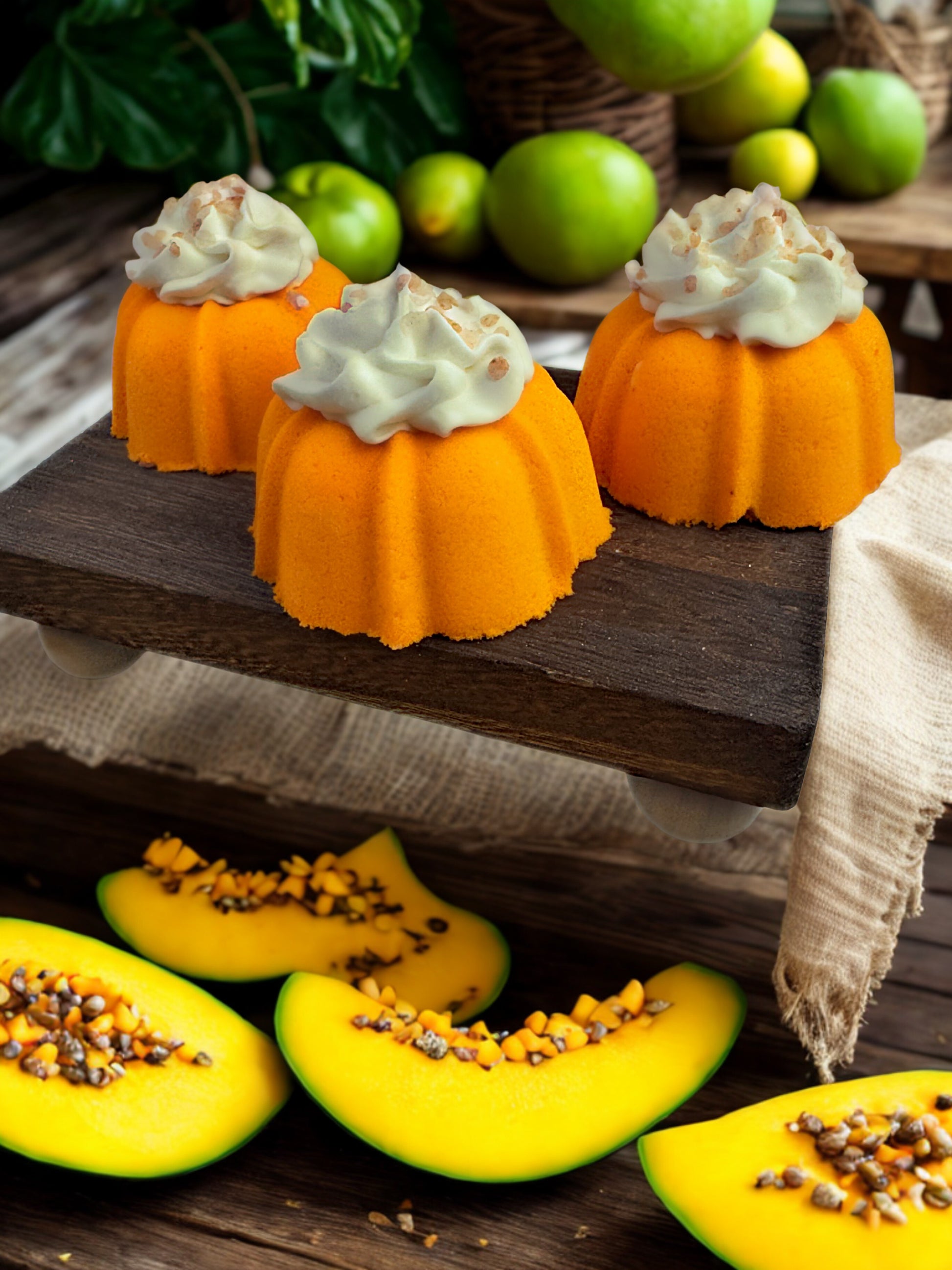 Pumpkin-shaped desserts with whipped cream on a wooden surface with pumpkins and leaves in the background.