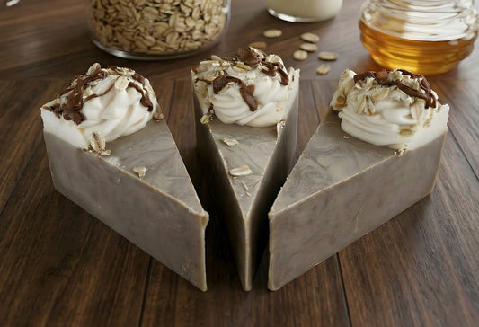 Three triangular slices of dessert with whipped cream and chocolate drizzle on a wooden surface.